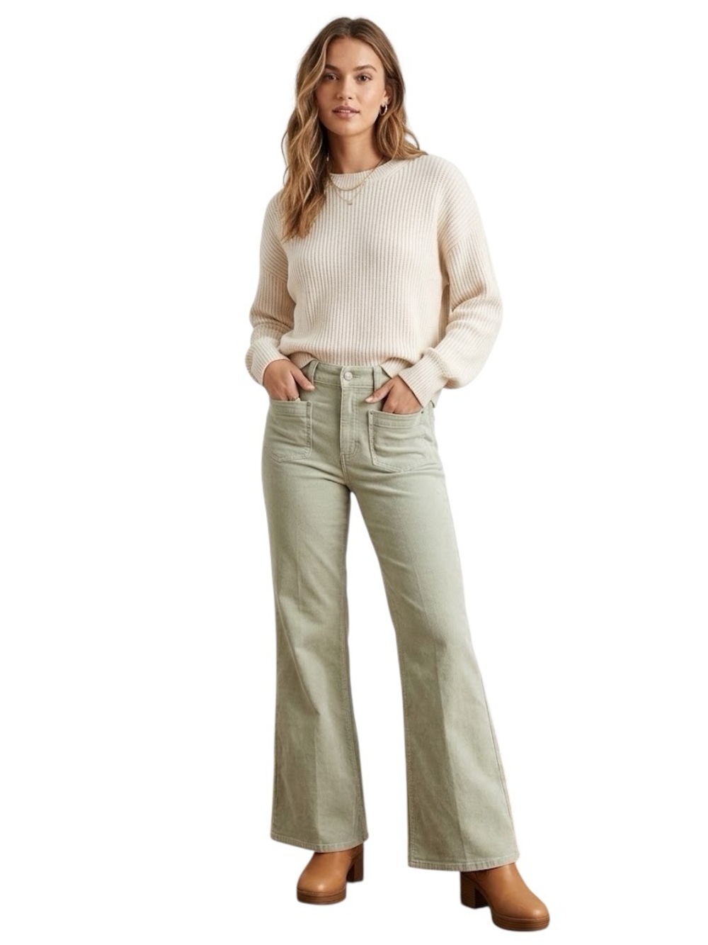 American Eagle High-Rise Flare Green Denim Utility Pants | Size 8 Long